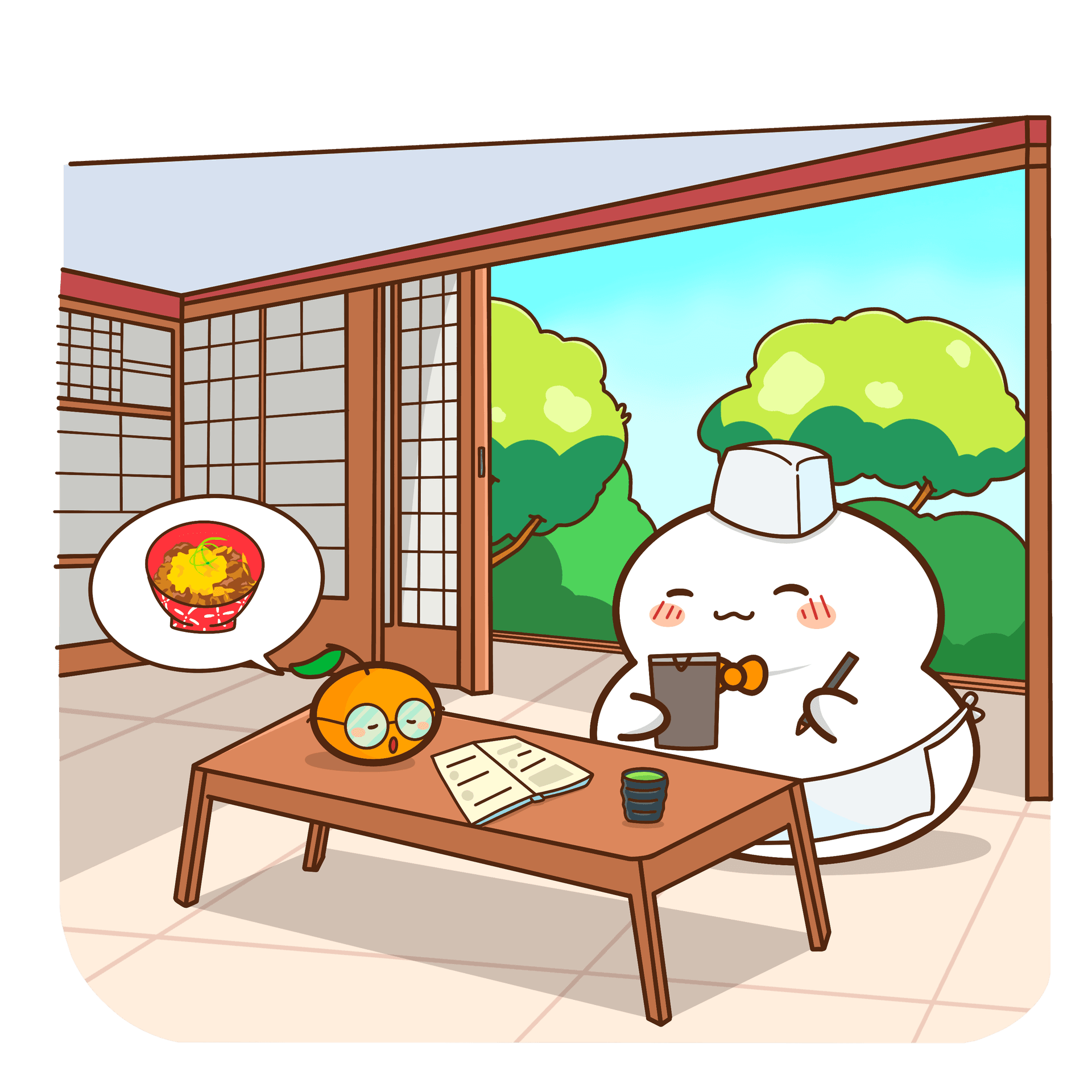 Mochi practicing a restaurant roleplay